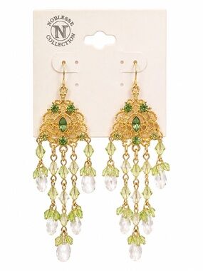 Noblesse Collection Green Crystal Chandelier Earrings Gold Tone NWT Boho Glam